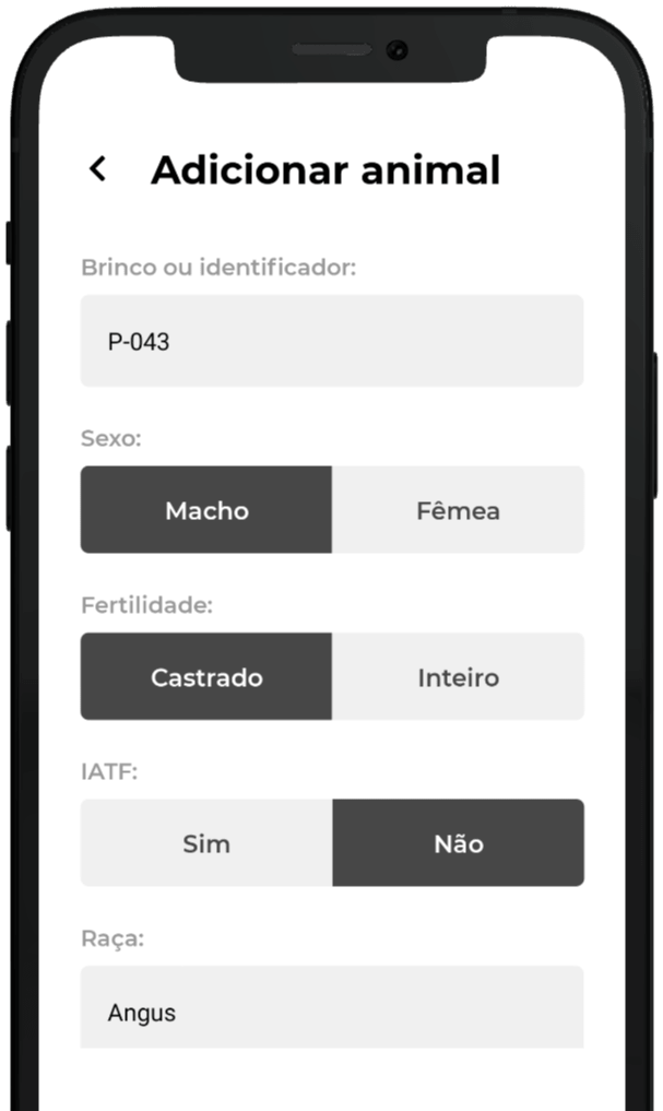 Tela cadastro de animal do aplicativo Inbov