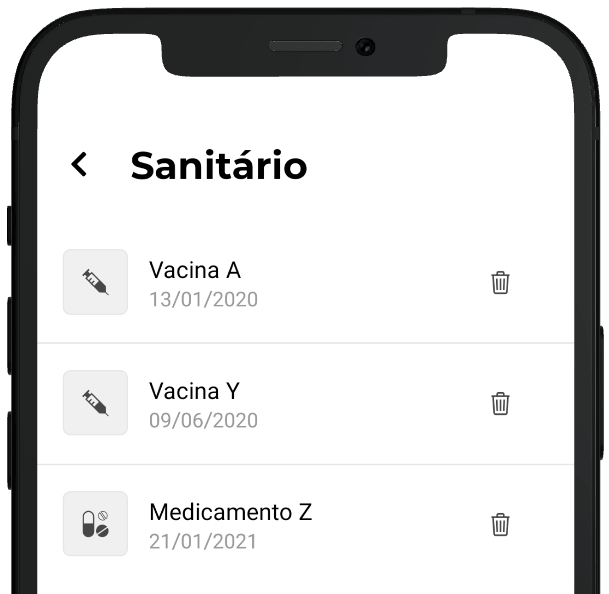 Tela histórico sanitário do animal do aplicativo Inbov