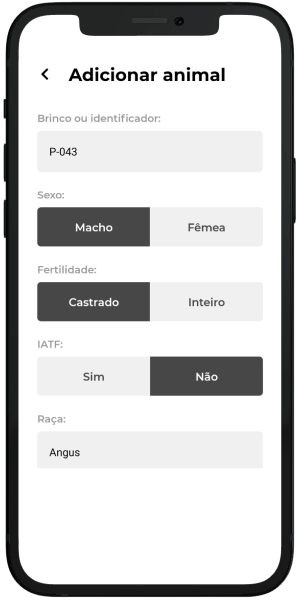 Tela adicionar animal do aplicativo Inbov
