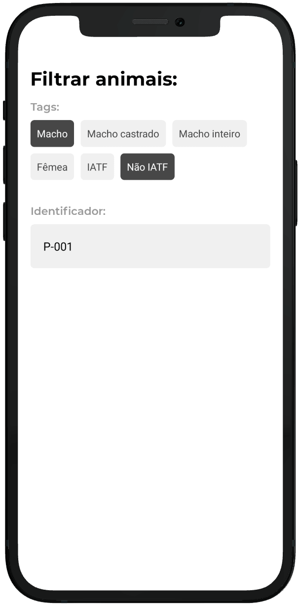 Tela filtrar animais do aplicativo Inbov