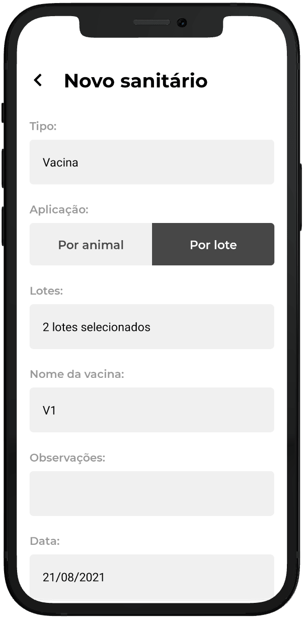 Tela adicionar procedimento sanitário do aplicativo Inbov